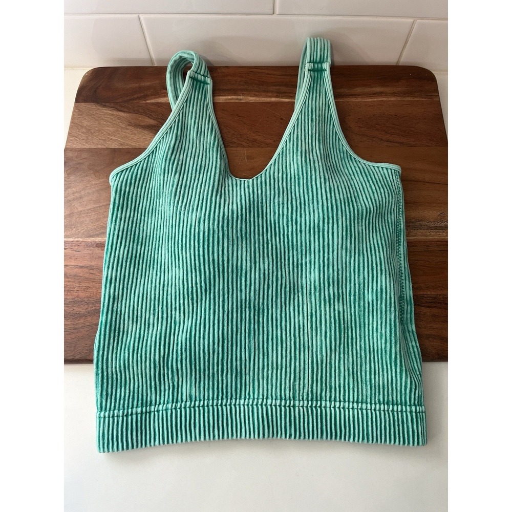 Zenana NEW Ribbed Stone Wash V-Neck Crop Tank Top‎ Green Padded L/XL Athletic